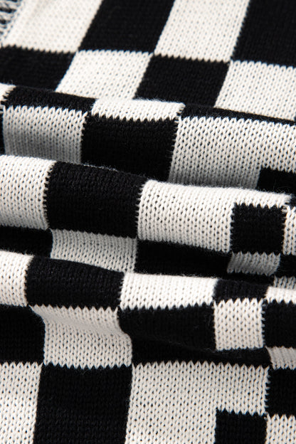 Black Checkered Bubble Sleeve Drop Shoulder Open Cardigan