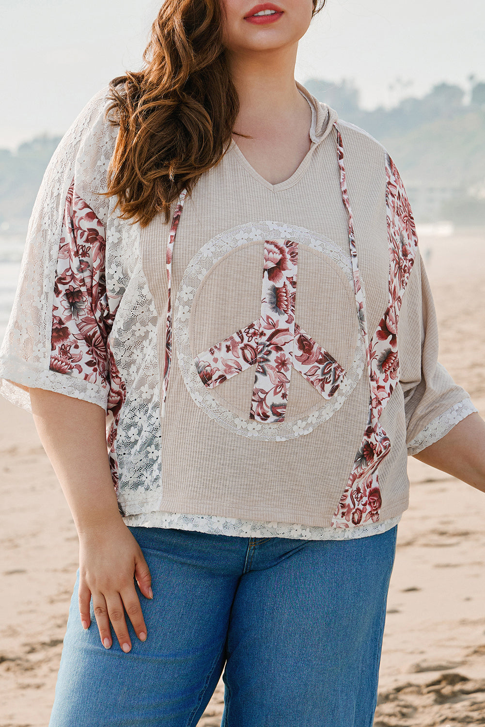 Khaki V Neck Floral Peace Sign Graphic Lace Patch Ribbed Plus Size Hooded Top - Aaria Tees Aaria Tees