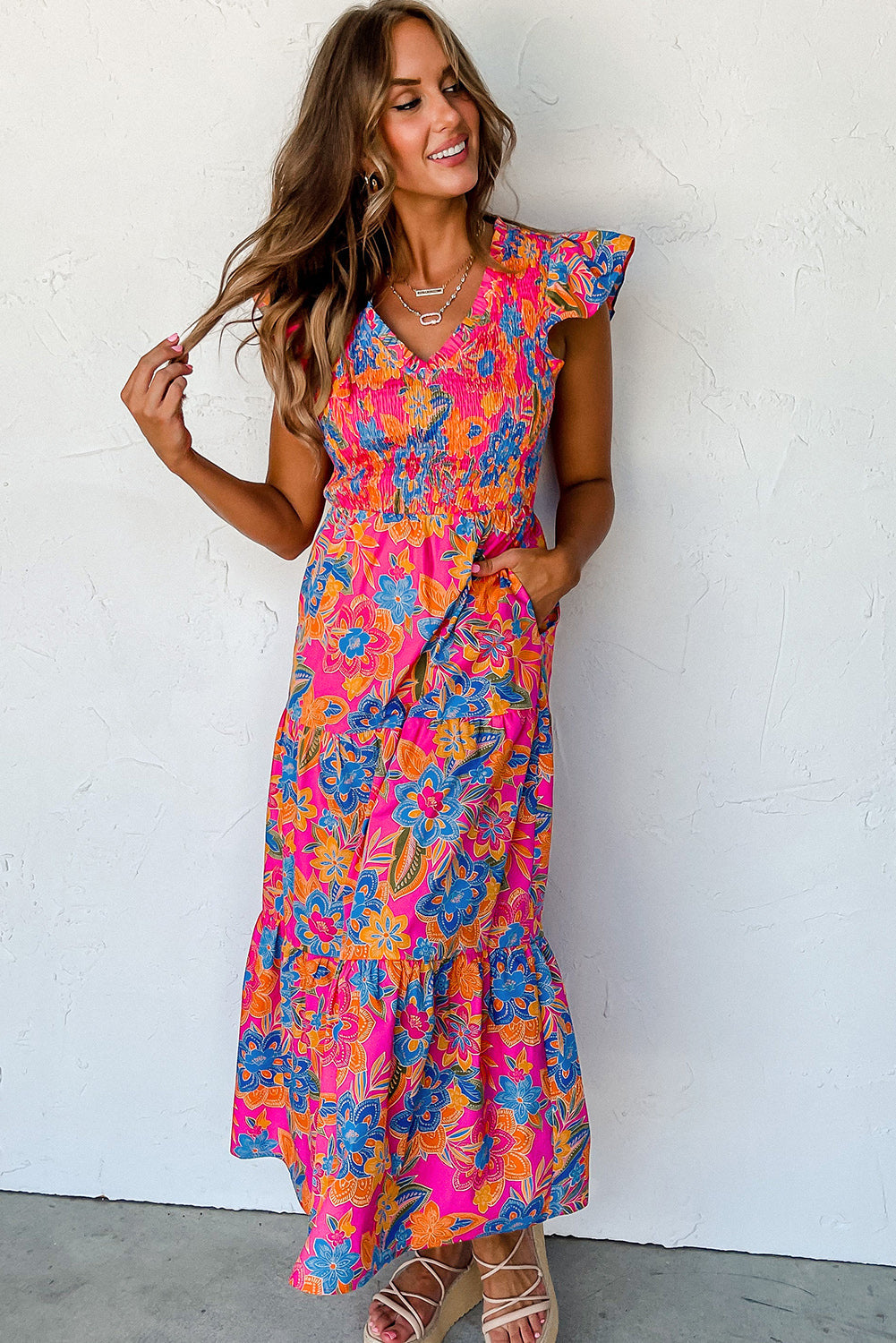 Dark Blue Boho Floral V Neck Ruffle Tiered Long Dress Aaria Tees
