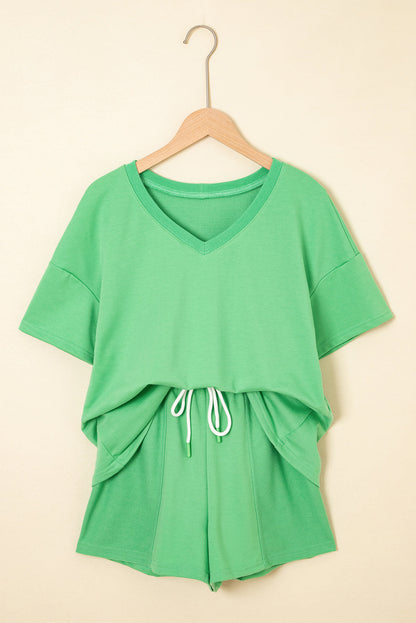Solid V-Neck Tee and Drawstring Shorts Set