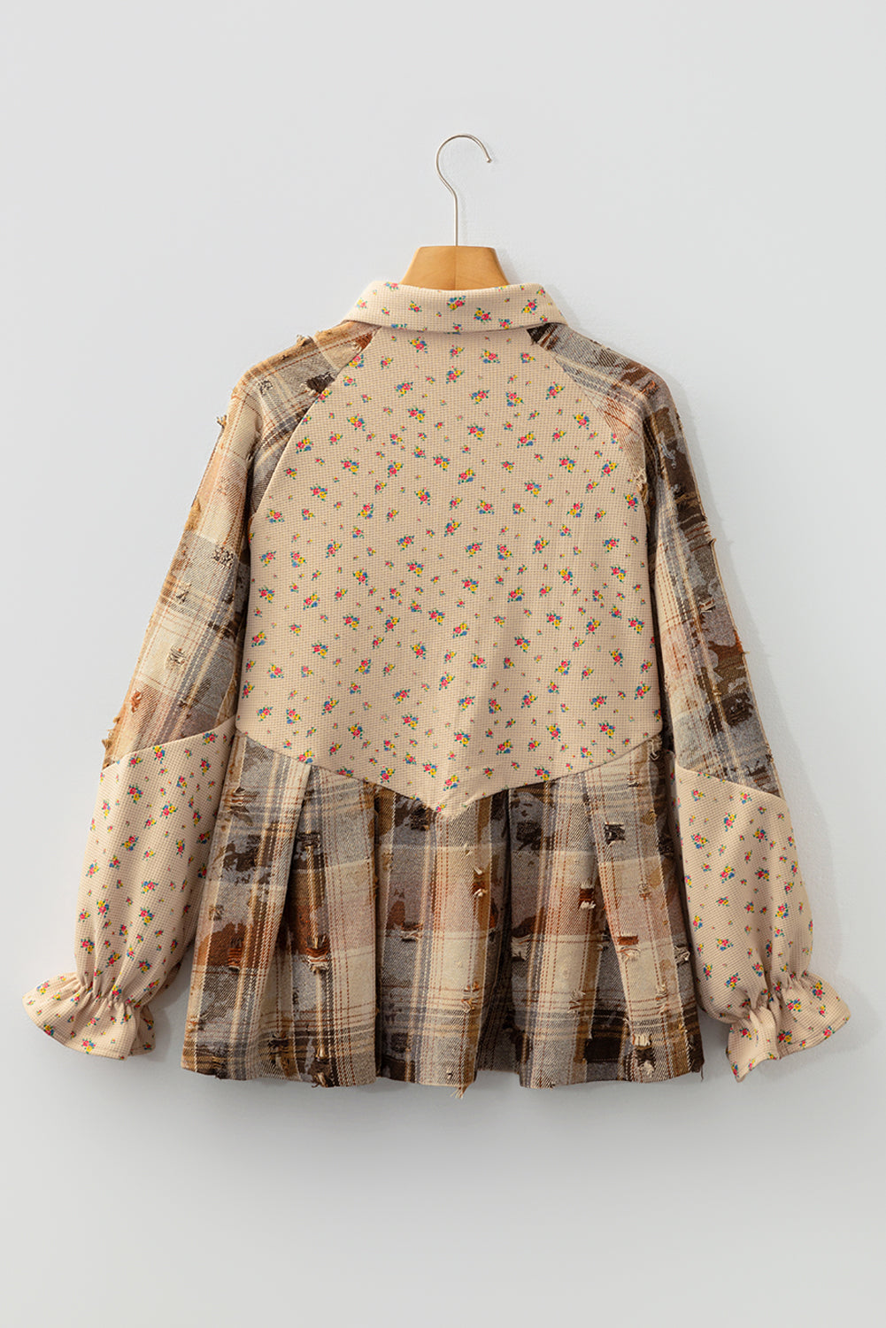Oatmeal Boho Floral Plaid Patchwork Distressed Detail Ruffled Sleeve Waffle Knit Shacket