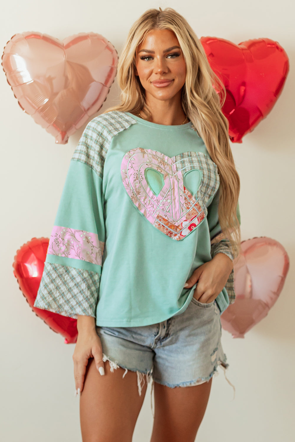 Clearly Aqua Plaid Floral Peace Heart Graphic Wide Long Sleeve Top - Aaria Tees