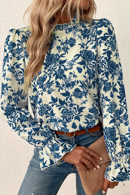 Rose Floral Print Flounce Sleeve Keyhole Back Blouse Aaria Tees