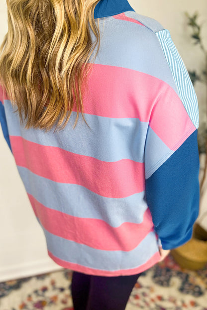 Blue Stripe Colorblock Patchwork Zip up Plus Size Pullover