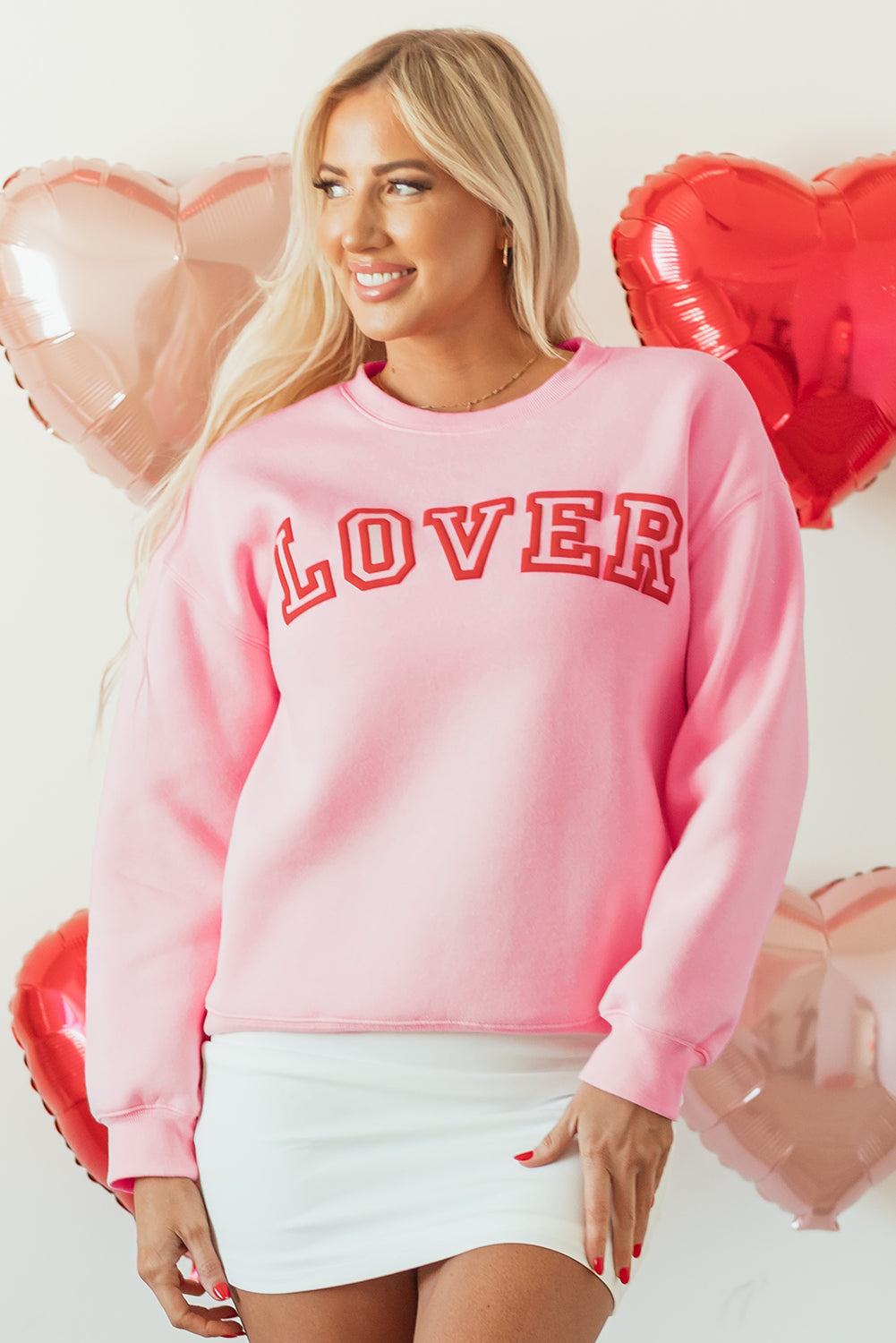 Pink LOVER Puff Print Drop Shoulder Pullover Sweatshirt - Aaria Tees