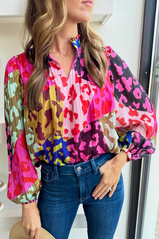 Rose Leopard Patchwork Print Pleated Blouse Aaria Tees