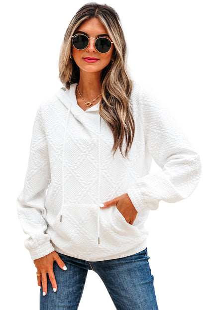 White Cable Lattice Texture Kangaroo Pocket Hoodie