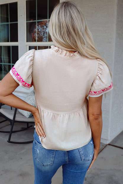 Beige Floral Embroidered Short Sleeve Notched V Neck Blouse - Aaria Tees