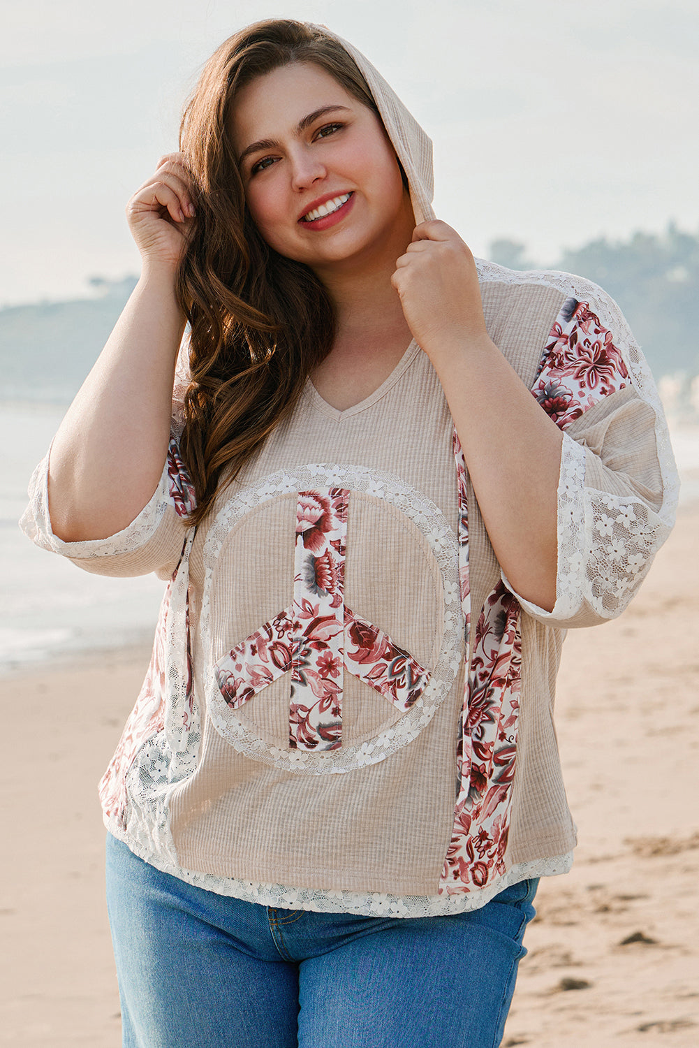 Khaki V Neck Floral Peace Sign Graphic Lace Patch Ribbed Plus Size Hooded Top - Aaria Tees Aaria Tees