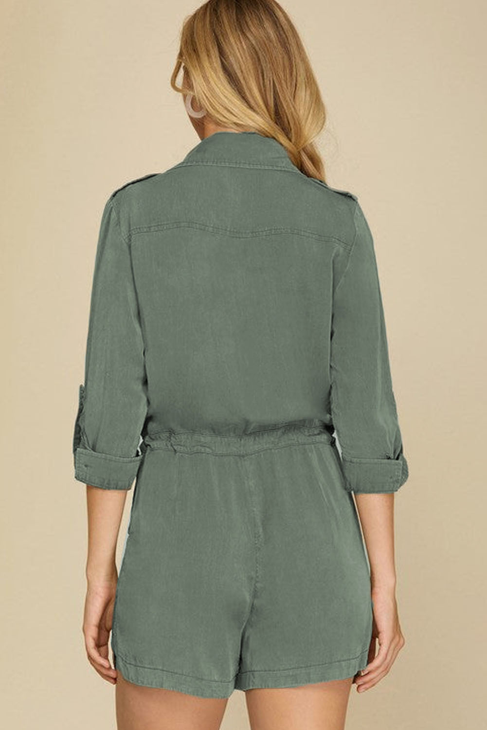 Reese Roll up Sleeve Flap Pockets Drawstring Romper Threaded Pear Aaria Tees