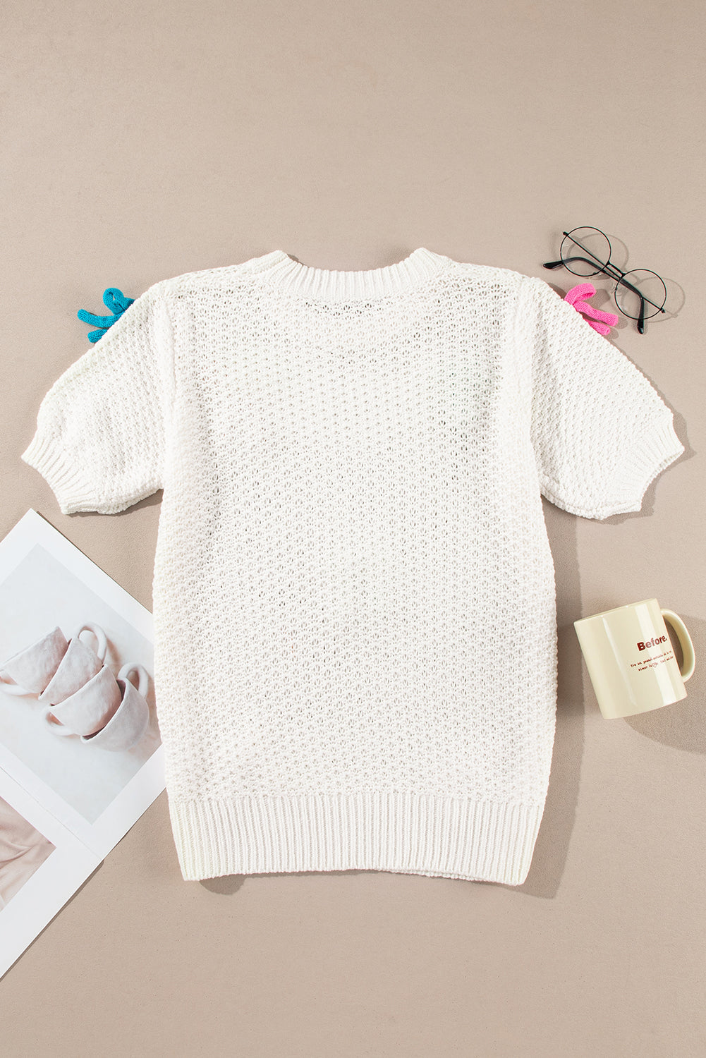 White Colorful Bow Knit Mock Neck Short Sleeve Sweater Aaria Tees