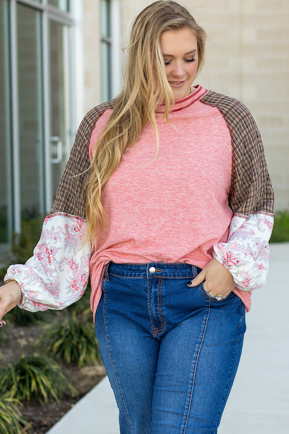 Pink Checkered Paisley Patchwork Raglan Sleeve Seamed Plus Size Top Aaria Tees