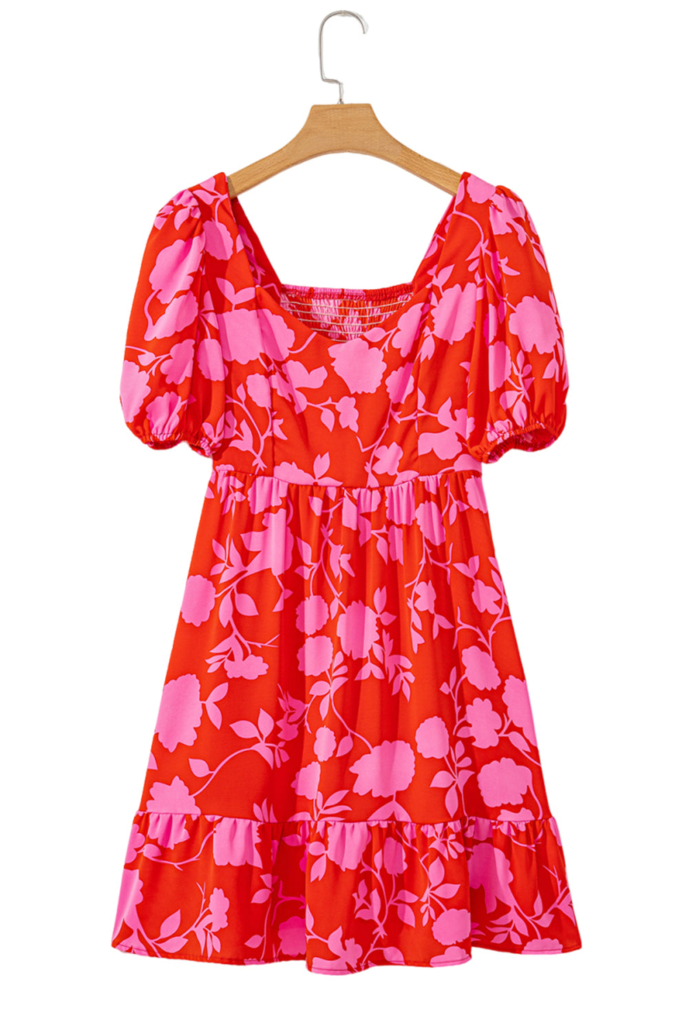 Red Floral Bubble Sleeve Sweetheart Neck Ruffled Mini Dress Aaria Tees