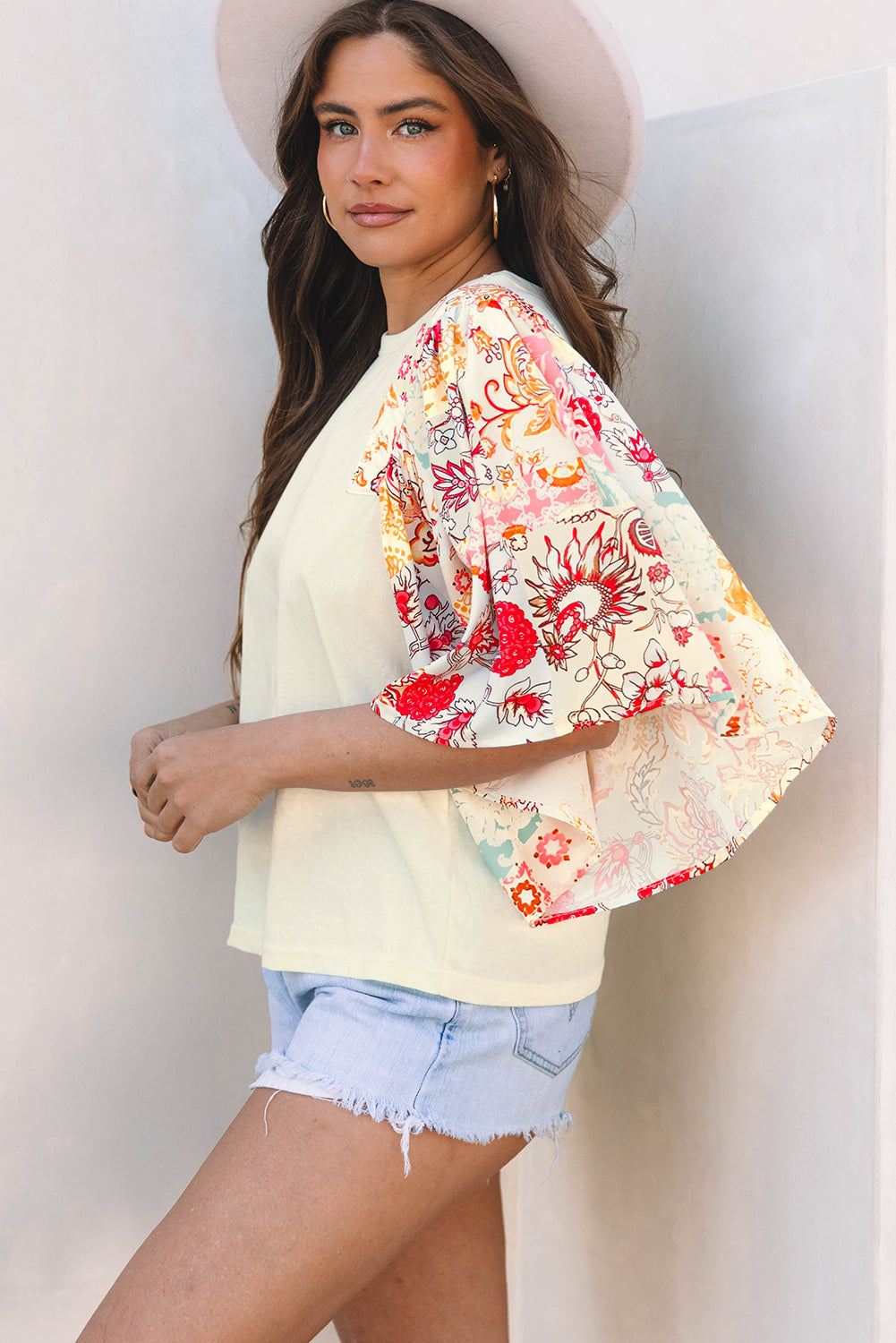 Beige Floral Patchwork Half Batwing Sleeve Blouse Aaria Tees