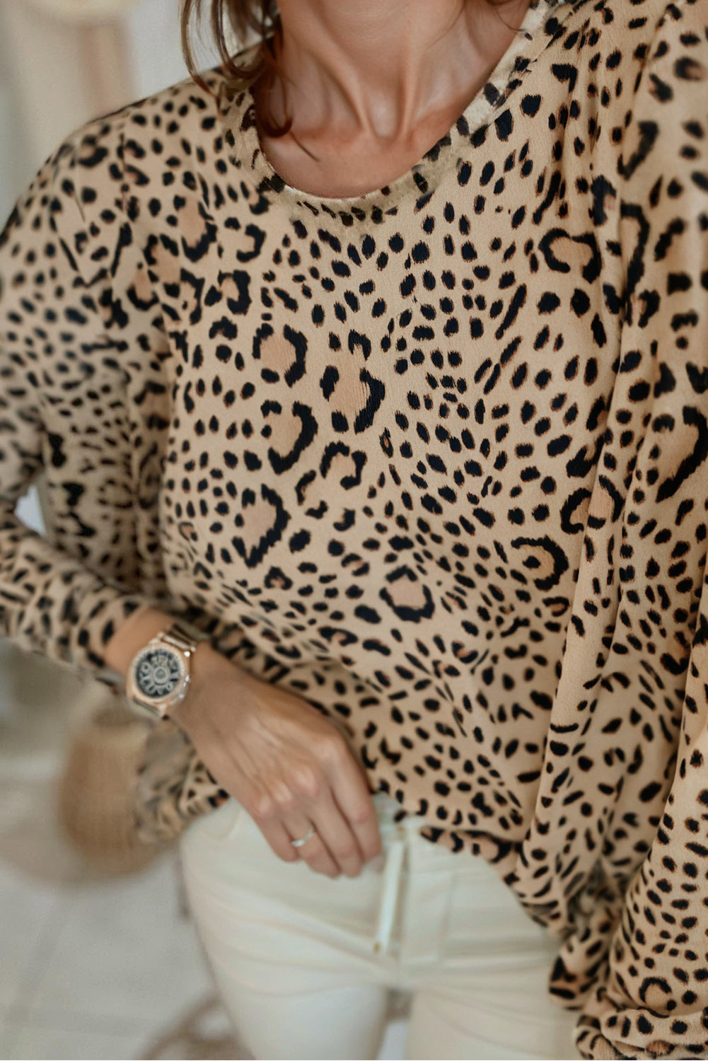 Khaki Leopard Print Long Batwing Sleeve Loose Top