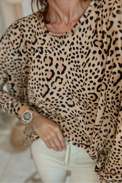 Khaki Leopard Print Long Batwing Sleeve Loose Top