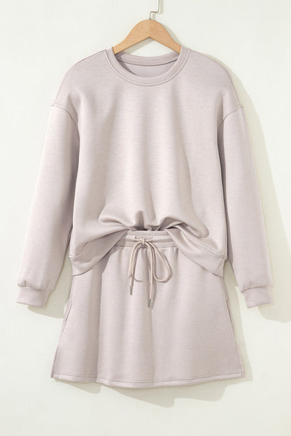 Solid Drop Shoulder Pullover and Mini Skirt Set