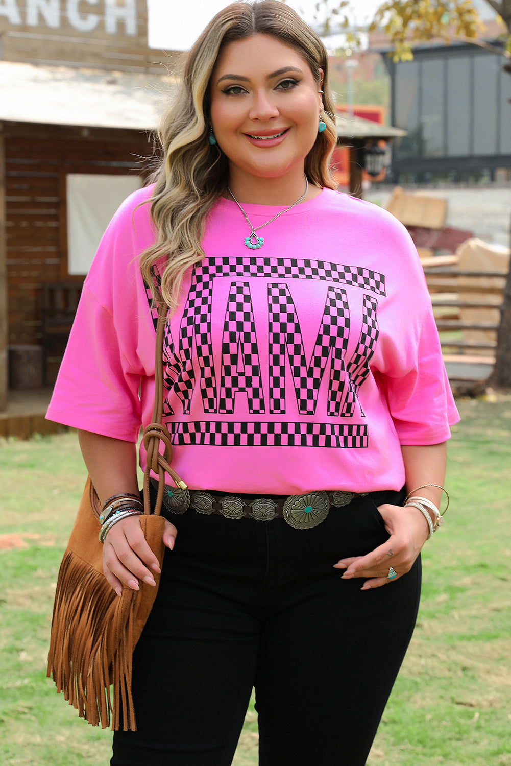 Bright Pink Checker MAMA Letter Printed Graphic Plus Size T Shirt - Aaria Tees
