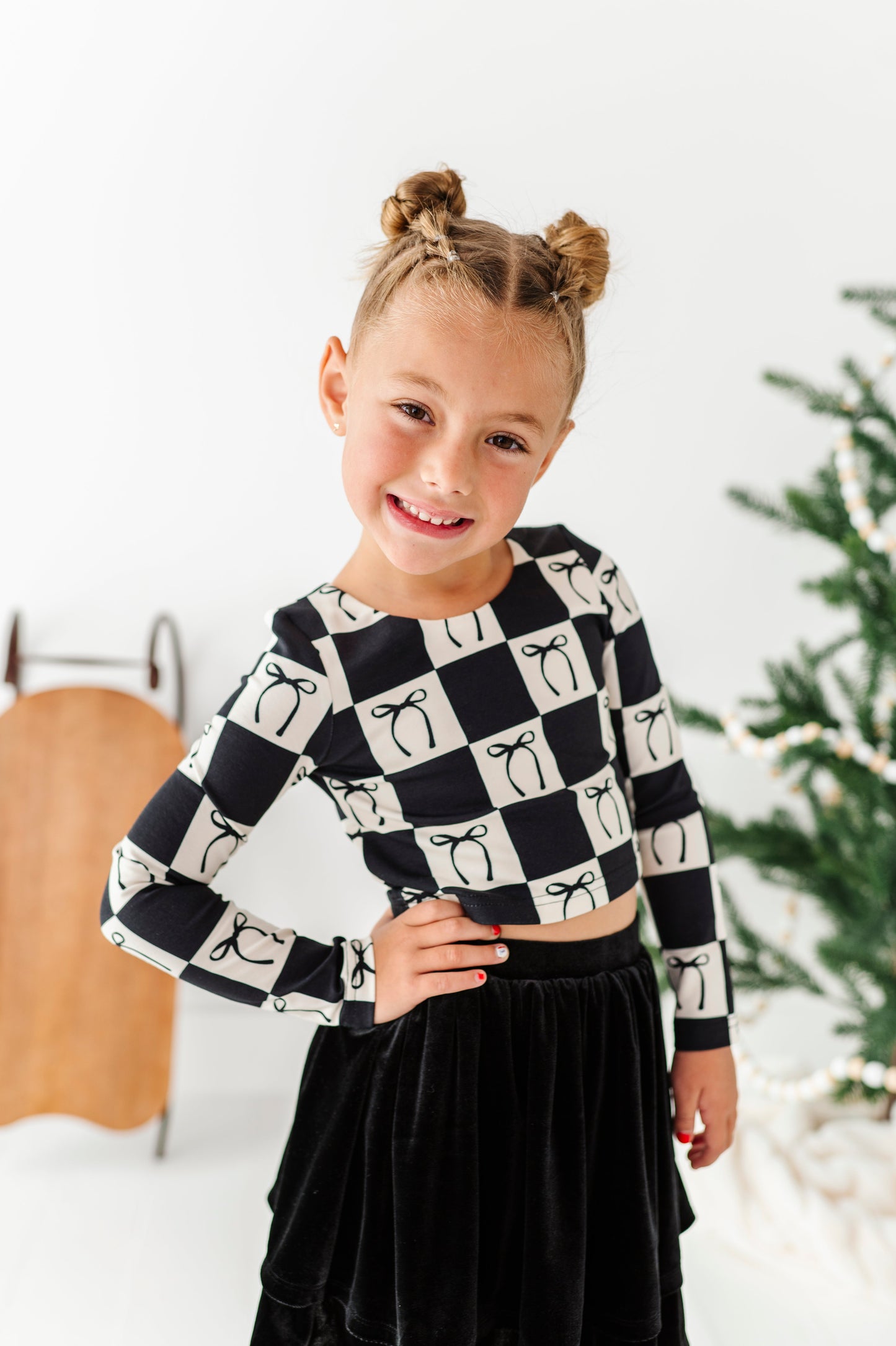 Checkered Bow | CROPPED Bow Back Long Sleeve Top