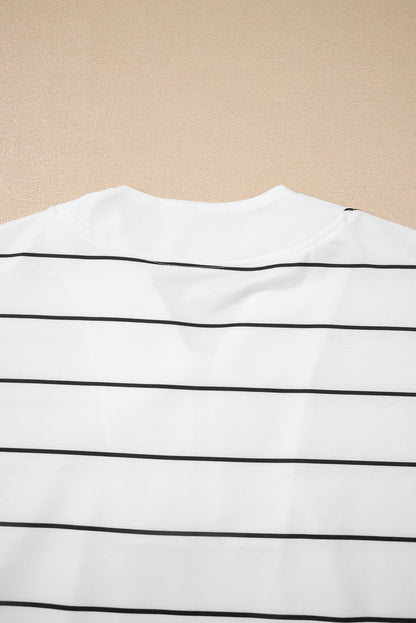 White Stripe Zip up Drop Shoulder Pullover and Short 2pcs Outfit