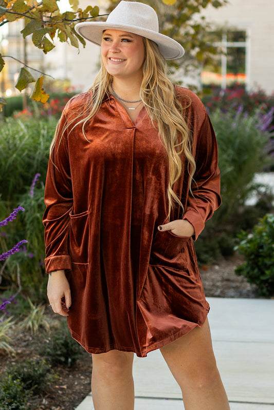 Coffee Plus Size V Neck Collared Pleated Back Rounded Hem Velvet Dress Aaria Tees