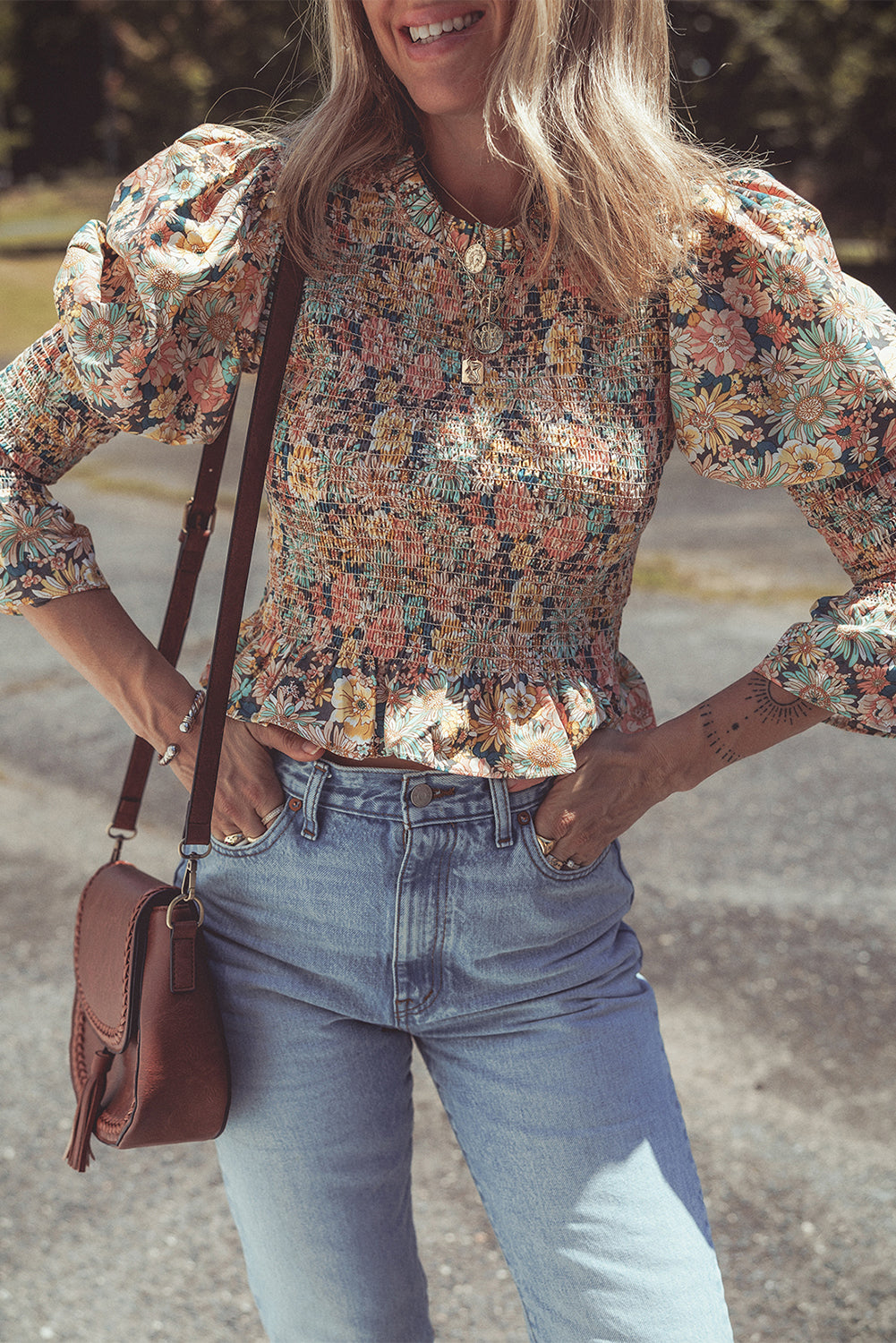 Yellow Floral Print Smocked Bubble Sleeve Ruffled Crop Top Aaria Tees