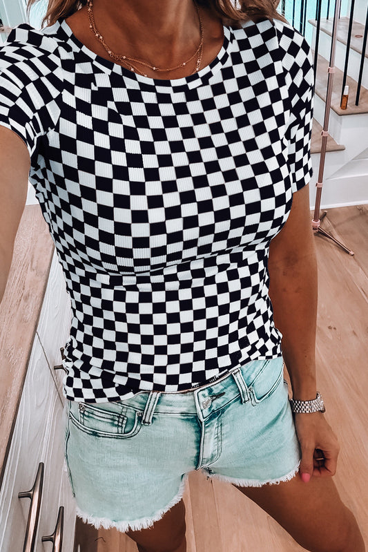 Black Checkered Ribbed Slim Fit Crew Neck T Shirt Aaria Tees