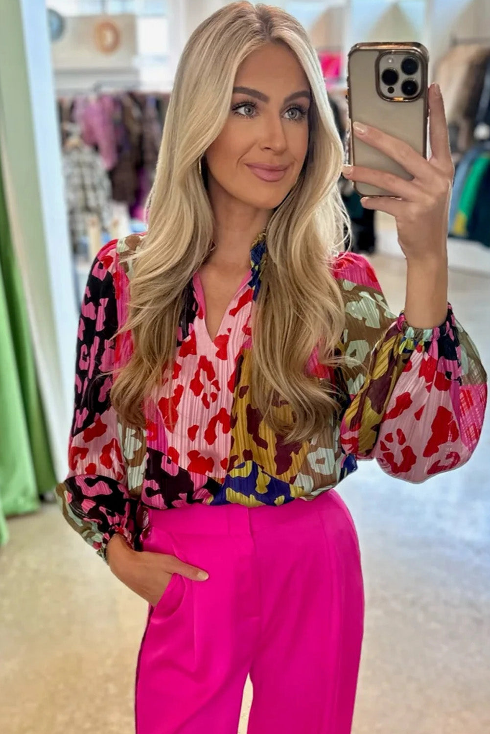 Rose Leopard Patchwork Print Pleated Blouse Aaria Tees