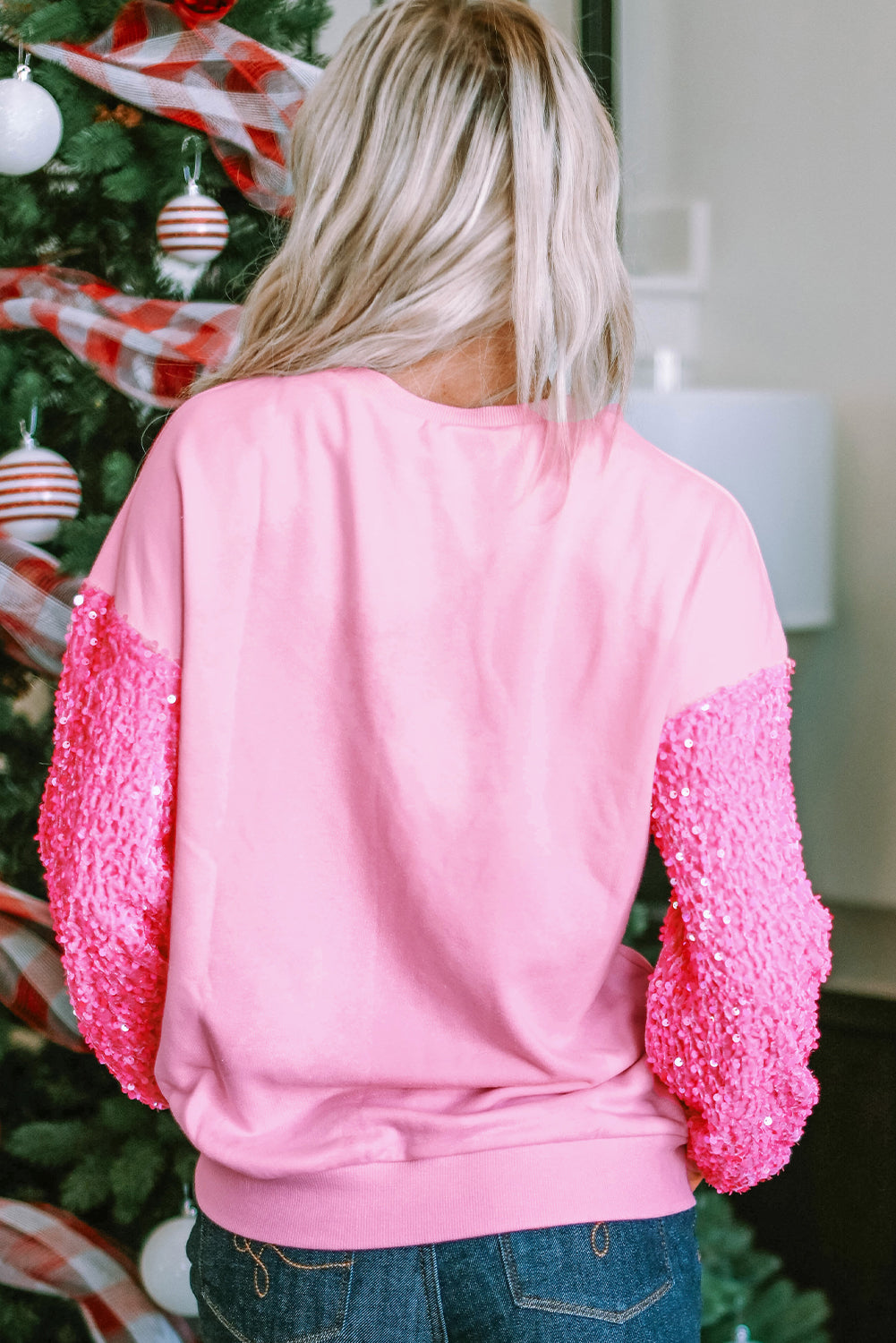 Pink Shiny Heart Shape love Print Sequined Sleeve Sweatshirt - Aaria Tees