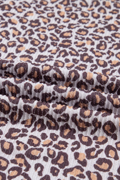 Khaki Leopard Ribbed Long Sleeve Top Drawstring Shorts 2pcs Outfit