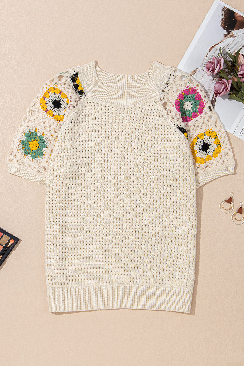 Apricot Hollow Out Floral Crochet Short Sleeve Crewneck Sweater Aaria Tees