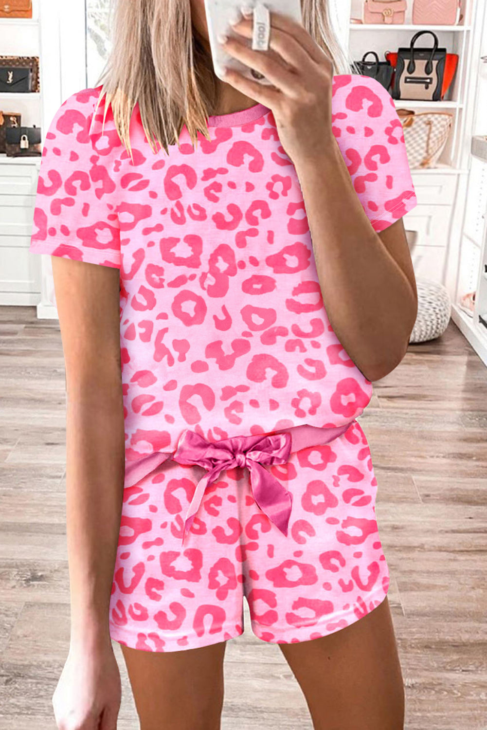 Pink Leopard Print Tee and Satin Tie Shorts Lounge Set Aaria Tees