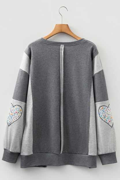 Dark Grey LOVE Graphic Exposed Seam Patchwork Uneven Hem Chic Sweatshirt