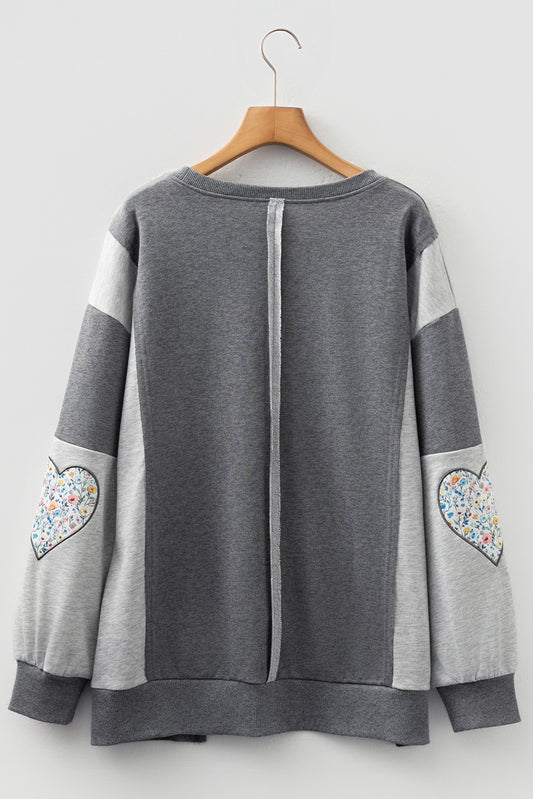 Dark Grey LOVE Graphic Exposed Seam Patchwork Uneven Hem Chic Sweatshirt