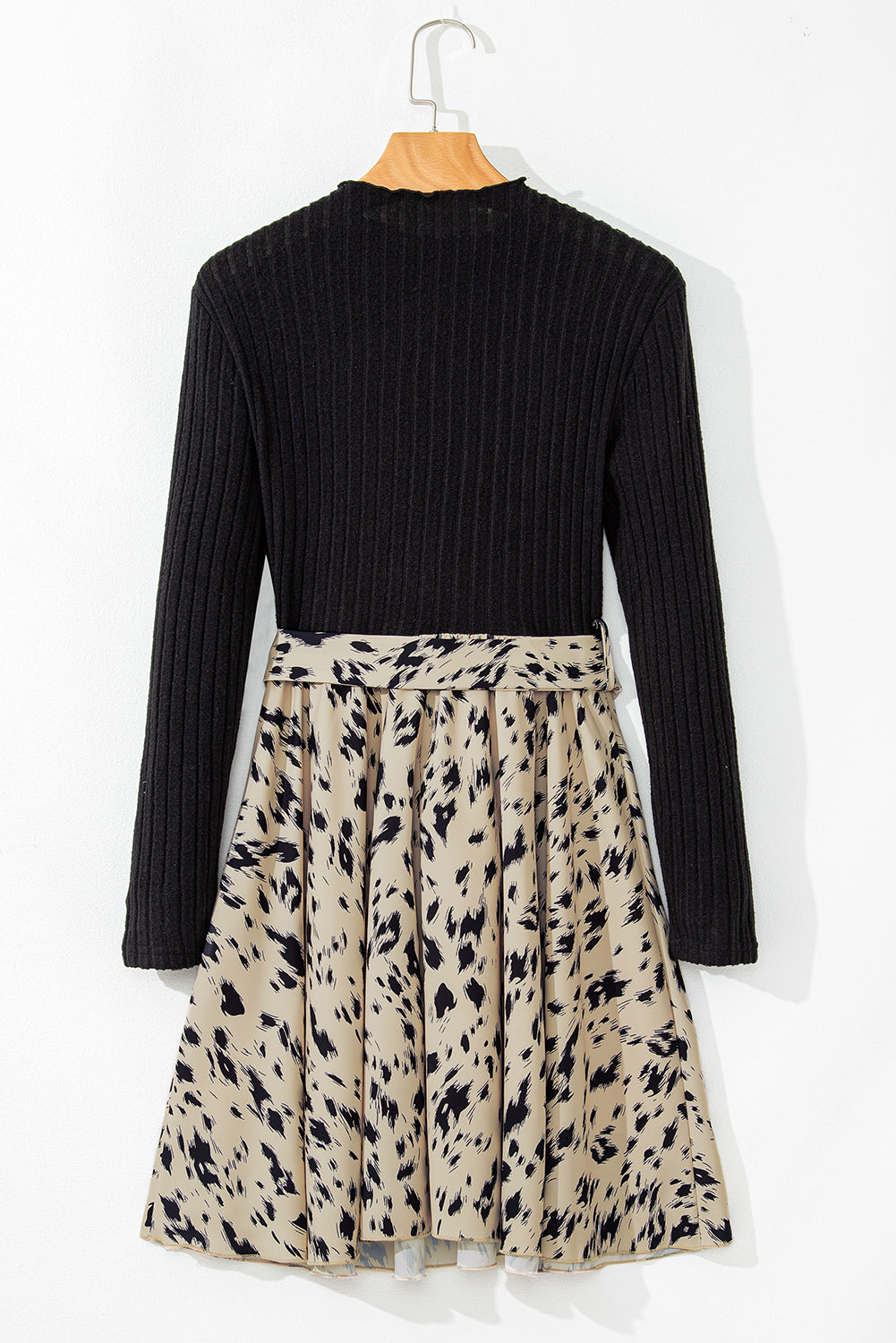 Leopard Patchwork Ribbed Knit Belted Dress