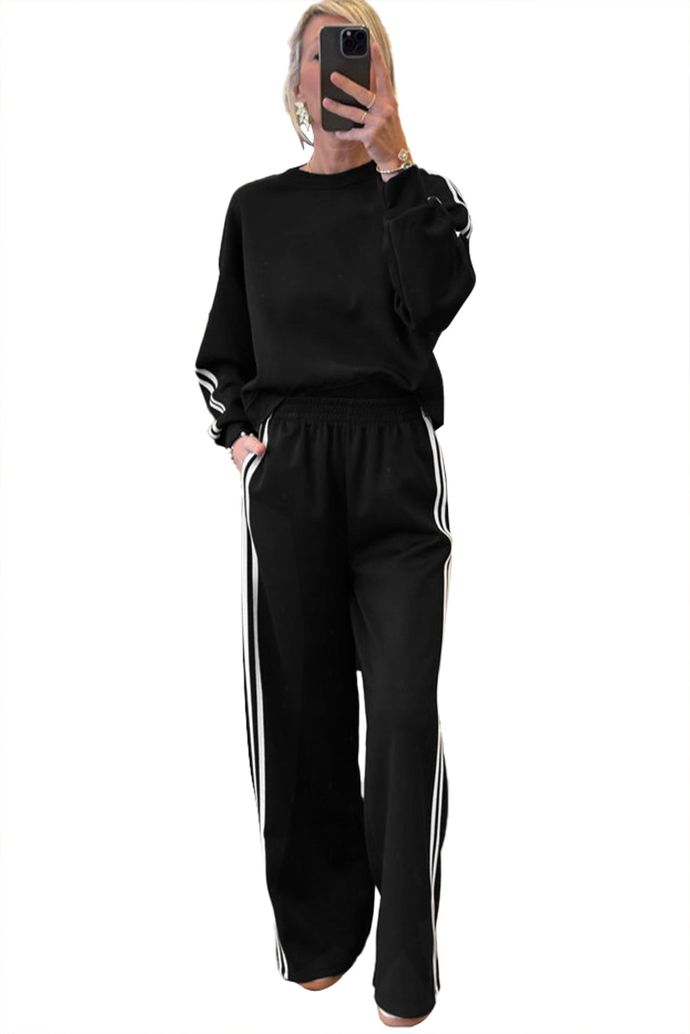 Oatmeal Varsity Striped Detail Cropped Pullover Wide Leg Pants 2pcs Outfit