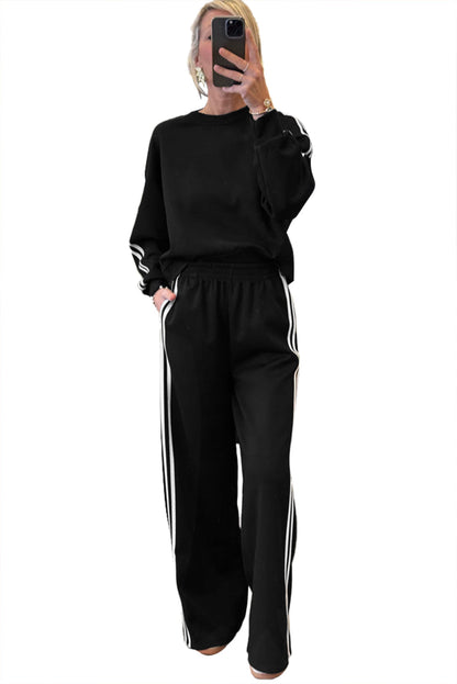 Oatmeal Varsity Striped Detail Cropped Pullover Wide Leg Pants 2pcs Outfit