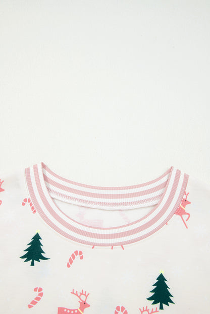 Pink Bow Christmas Tree Print Contrast Striped Banding 2pcs Lounge Set