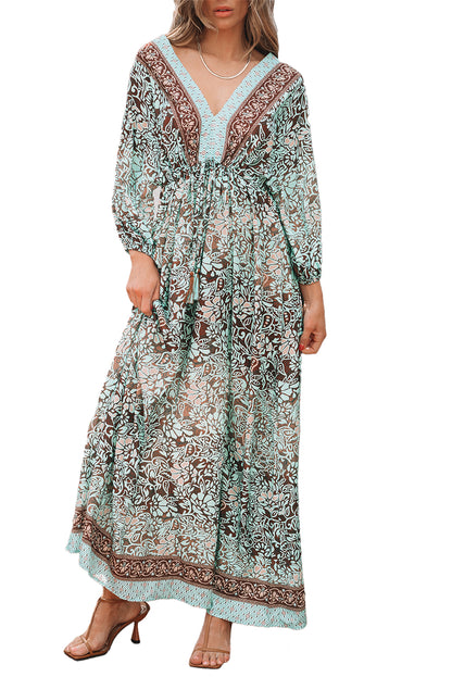 Green Boho Floral Print Lace-up Open Back High Waist Maxi Dress - Aaria Tees