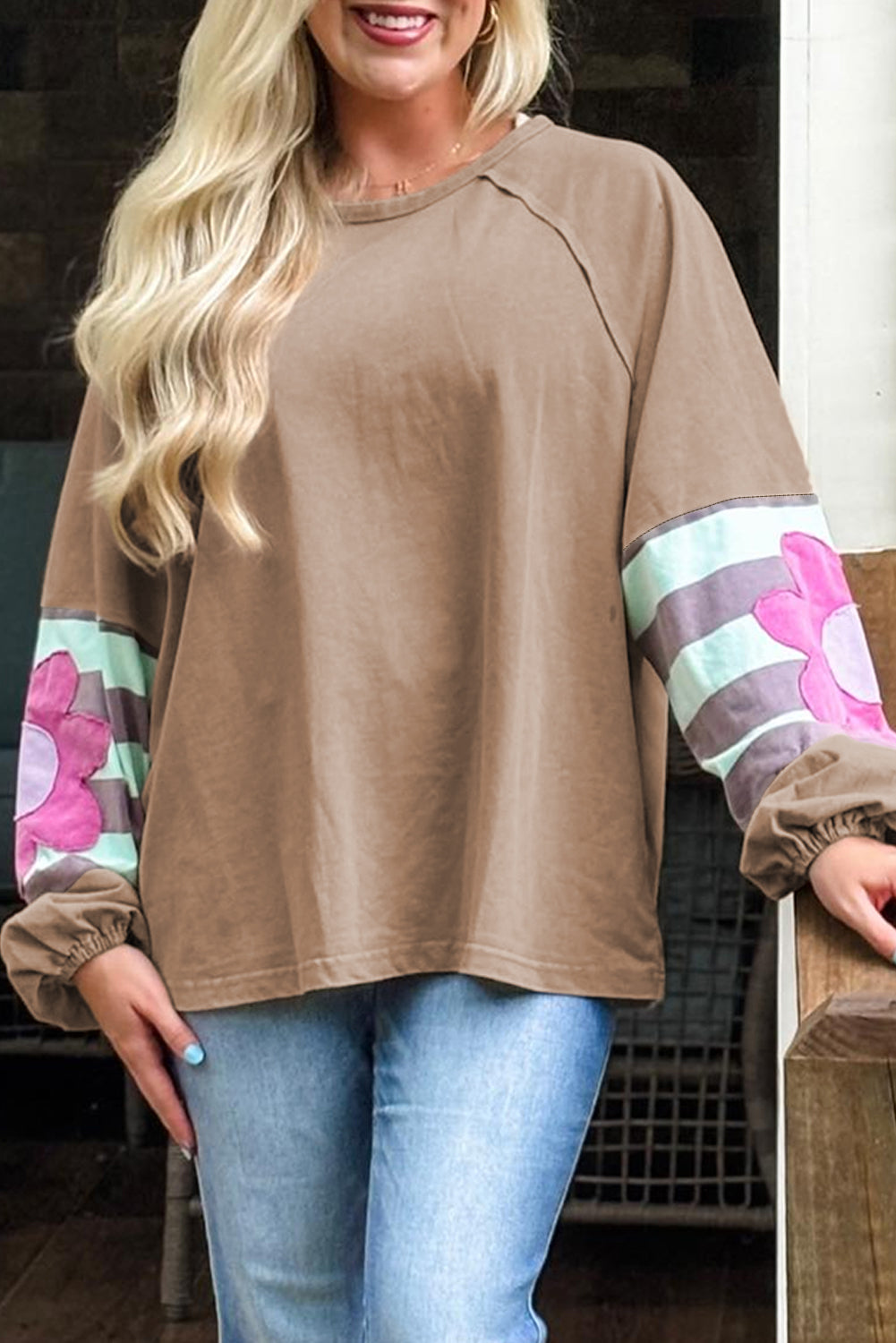 Light French Beige Flower Striped Patchwork Puff Sleeve Loose Sweatshirt Aaria Tees