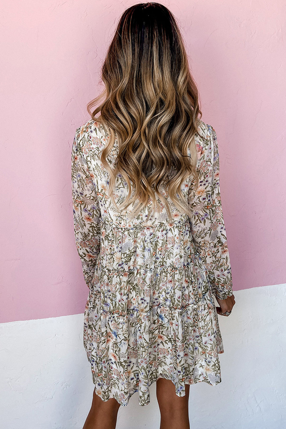 Green Floral Print Tiered Frilled Shirred Mock Neck Mini Dress Aaria Tees