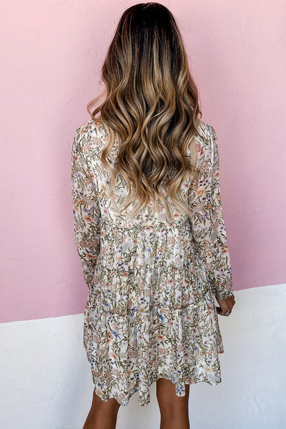 Green Floral Print Tiered Frilled Shirred Mock Neck Mini Dress Aaria Tees