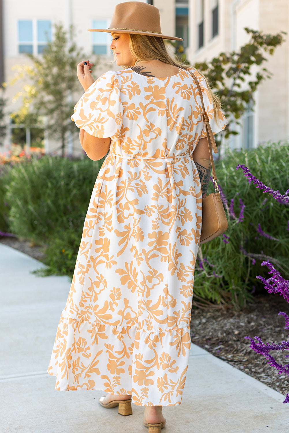 Apricot Floral Print Puff Short Sleeve Resort Plus Size Maxi Dress Aaria Tees