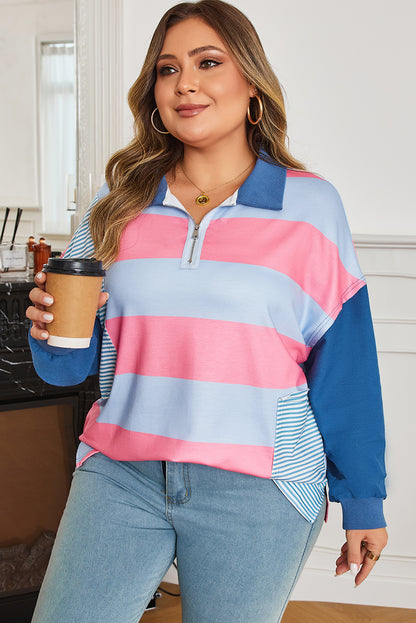 Blue Stripe Colorblock Patchwork Zip up Plus Size Pullover