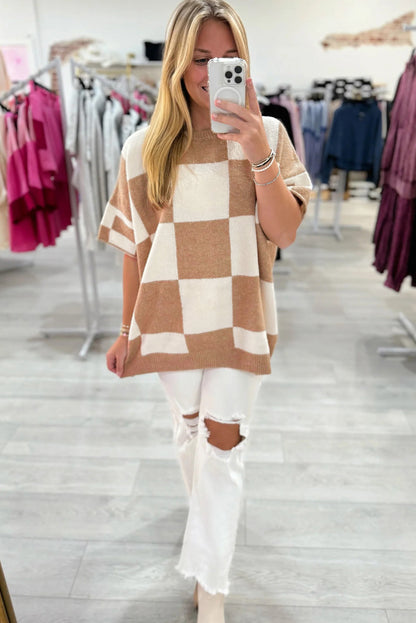 Light French Beige Checkered Pattern Loose Drop Shoulder Half Sleeve Sweater
