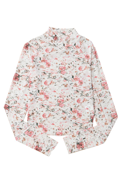 Brown Floral Long Sleeve High Neck Sheath Mesh Blouse - Aaria Tees
