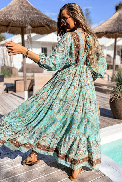 Green Boho Floral Print Lace-up Open Back High Waist Maxi Dress Aaria Tees