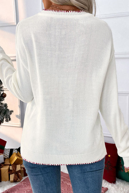 White Bow Pattern Contrast Trim Christmas Loose Graphic Sweater