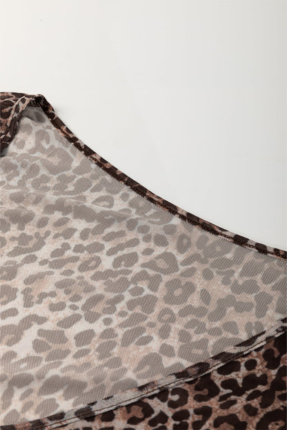 Leopard Sheer Mesh V-Neck Lace-up Top