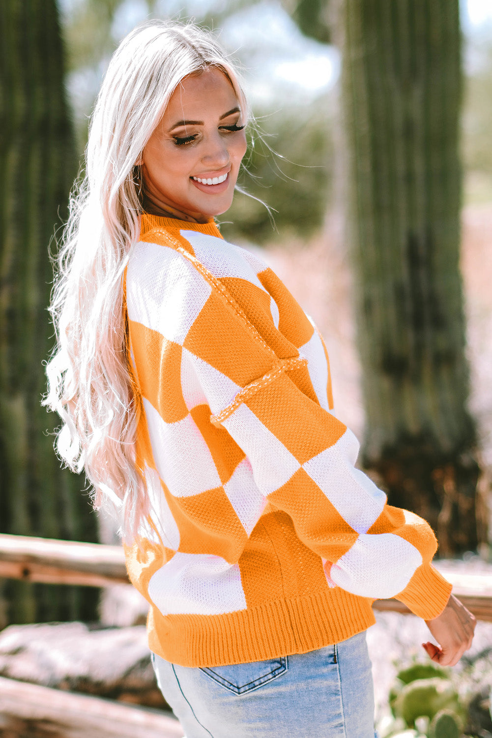 Orange Checkered Bishop Sleeve Sweater Aaria Tees